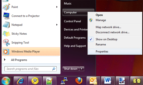 Windows 7 Start Menu, Computer, Properties